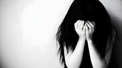 Woman with long dark hair covers her face with her hands.