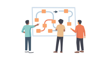 Three people discussing a flowchart with orange squares and curved lines on a white board diagram