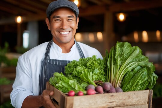 Chef holding crate of fresh organic vegetables smiling at farmers market - Powered by Adobe