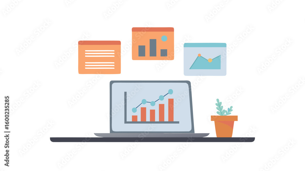 Poster laptop displaying a growth chart with floating graphs and a potted plant on a dark surface area