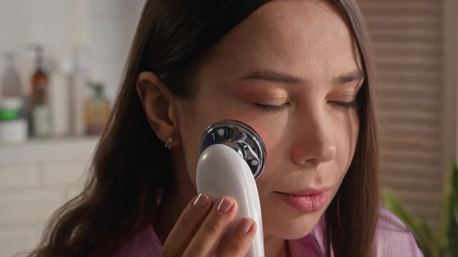 Tilt up of young relaxed woman with electric massager enjoying massage of her face after cleaning and applying cream while looking at herself in mirror in bathroom