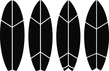 Minimalist Surfboard Icon Set in Black and White Featuring Four Different Board Shapes with Unique Tail Designs Ideal for Summer Beach and Water Sport Themes