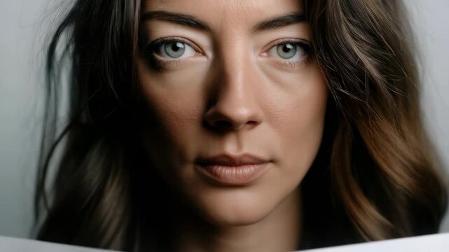 Close-up of an individual holding a blank sheet with a calm expression in a softly lit space