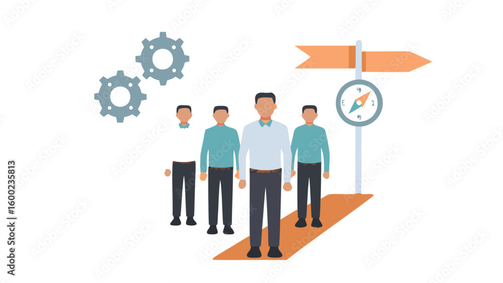 Poster a group of people following a path with a compass and gears indicating direction and teamwork focus