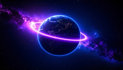 Obraz premium Photo of Earth from below angle with a purple nebula forming a glowing ring around
