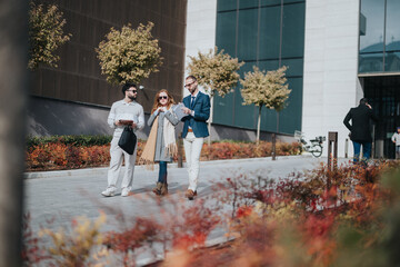 Three people, two men and a woman, strolling together by a contemporary building during autumn,...
