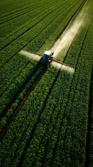 Smart agricultural vehicle with extended sprayer arms captured in vertical scene, soybean field in layers, clean technology and sustainable farming emphasis