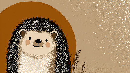 Cute, simple, happy cartoon hedgehog portait on a warm light brown background. 