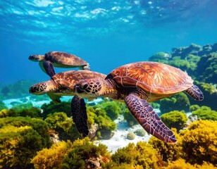 underwater view of three sea turtles swimming gracefully amidst colorful coral reefs and crystal-clear blue water. The turtles glide through the ocean, surrounded by marine life