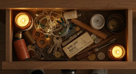 Illuminated drawer reveals a collection of old tools, trinkets, and curiosities under gentle