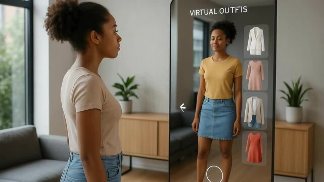 African American woman interacting with a smart mirror displaying clothing options in a modern bedroom, showcasing innovative technology and fashion selection process