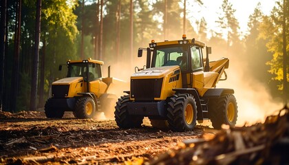 Two yellow construction vehicles in a forest clearing at sunset