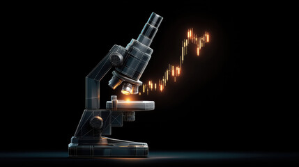 Diving deep into economic trends by analyzing candle graphs displayed through a microscope, illustrating shifting market dynamics and data patterns. 3d illustration.