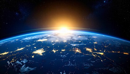 Fototapeta premium Photo realistic Earth from space during sunrise, sunlight glowing from the horizon