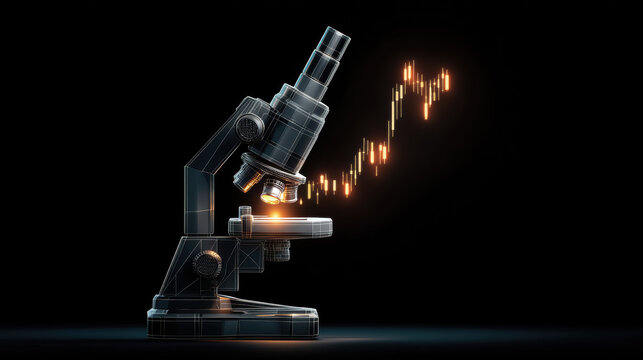 Diving deep into economic trends by analyzing candle graphs displayed through a microscope, illustrating shifting market dynamics and data patterns. 3d illustration.