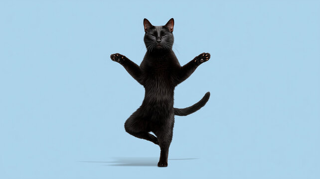 This black cat balances gracefully in a yoga pose, promoting relaxation and mindfulness.