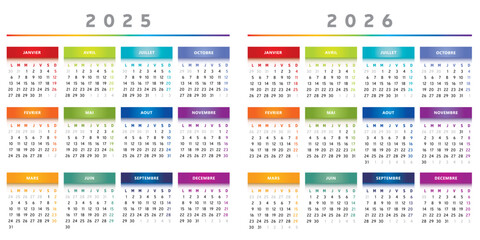 Calendrier 2025 et 2026 en Français - Couleurs Arc-en-Ciel Format 4 Trimestres
