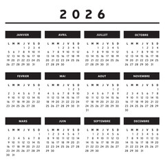 Calendrier 2026 en Français - Couleurs Noir et Blanc Format 4 Trimestres