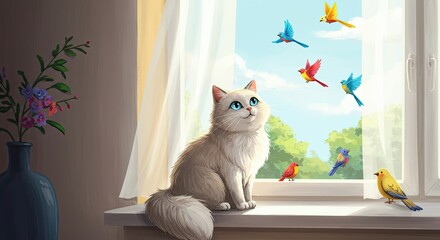 White cat in a beautiful dream, watching colorful birds, a magical cat dream