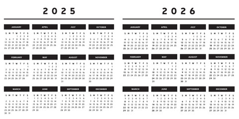 Calendrier 2025 et 2026 en Anglais - Couleurs Noir et Blanc Format 4 Trimestres