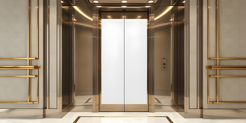 Elevator door poster mockup in a luxury hotel, chrome materials and gold accents