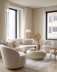 Cream-colored, modern living room with comfortable seating and a round coffee table.