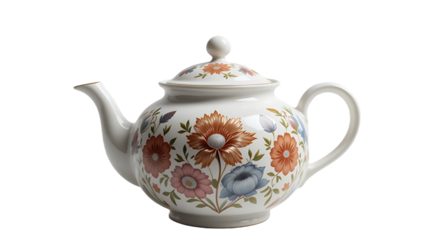 An elegant white ceramic teapot adorned with a colorful floral pattern, featuring a lid and spout, presented on a transparent background