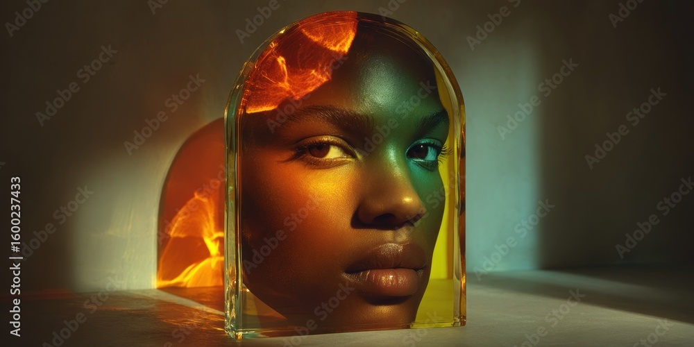 Poster a face captured within a translucent, arched structure.