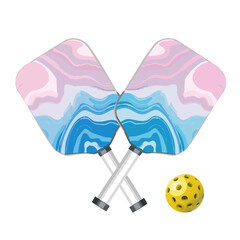 Pickleball blue and pink color  marble pattern pair paddles and yellow ball