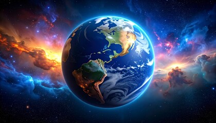 Planet Earth seen from space with colorful nebula clouds in background