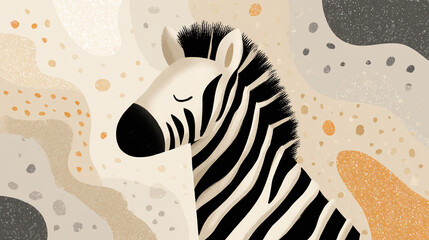 Cute, simple, happy cartoon Zebra portait on a warm light brown background. 
