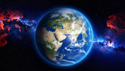 Obraz premium Planet Earth seen from space with colorful nebula clouds in background