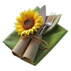 3d gardening tools with sunflower on napkin isolated on white background