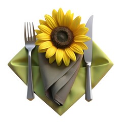 3d sunflower place setting with silverware isolated on white background