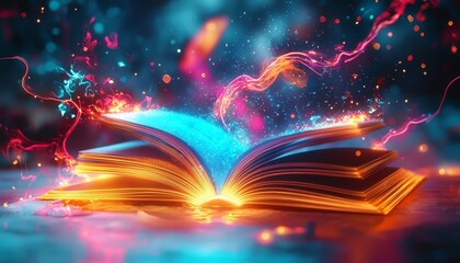 Experience a colorful digital book enhanced by bright, flowing neon lights.