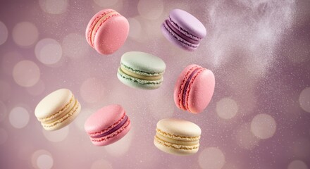 Obraz premium Colorful Floating Macarons with Powdered Sugar Burst on Dreamy Pastel Background – Whimsical Dessert Fantasy Concept