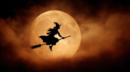 Witch flying on broom at night