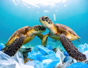 two sea turtles swimming through polluted ocean filled with plastic waste, highlighting the detrimental impacts of pollution on marine wildlife.