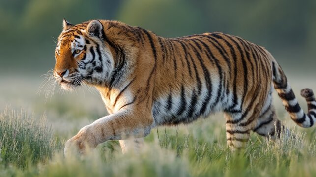 a tiger runs across the field