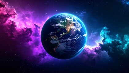 Obraz premium Planet Earth surrounded by colorful purple and teal nebula clouds
