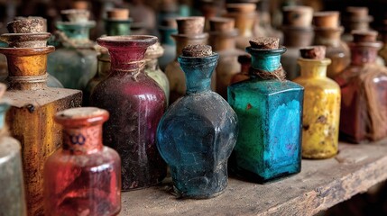 Aged glass bottles on a shelf