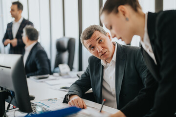 Business colleagues actively discuss project details in a professional office environment, focusing...