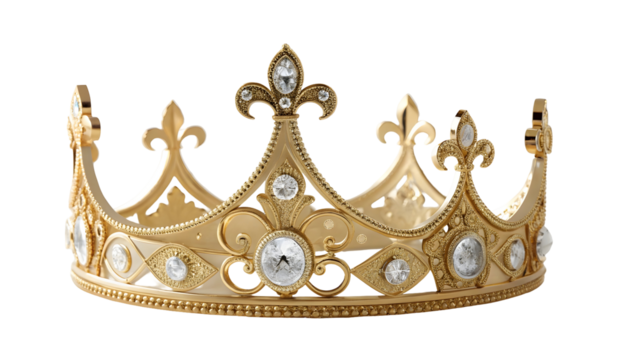Ornate golden crown with clear gemstones and fleur de lis details isolated on black royal
