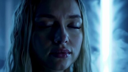A woman with closed eyes, illuminated by a bright, vertical light.