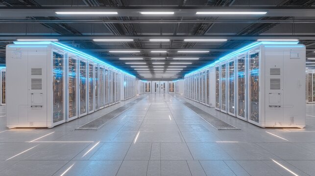 Rows of modern server racks in a futuristic data center.