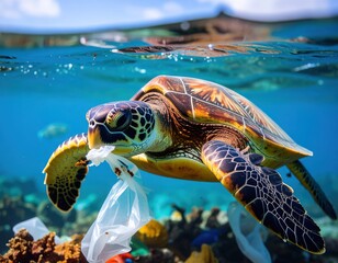 a sea turtle surrounded by plastic bags in the ocean, highlighting pollution