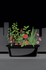 A diverse home garden flourishes with potted plants on a balcony, featuring fresh tomatoes and lush green foliage, alongside colorful flowers, creating a vibrant and natural urban oasis.