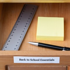 Silver ruler yellow notepad black pen school supplies stationery