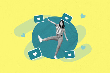 Creative poster collage of person dancing surround media likes on yellow color background