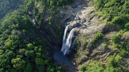 Waterfall cascading into a pool in a lush valley
